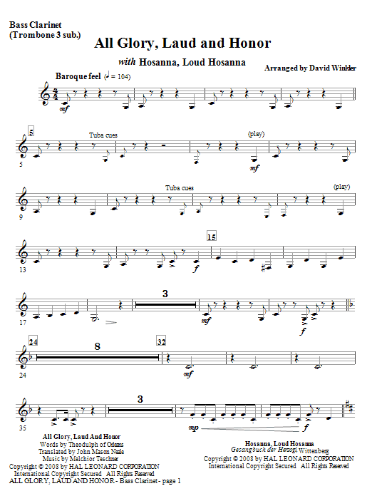 Preview David Winkler All Glory, Laud, And Honor (with Hosanna, Loud Hosanna) - Bass Clarinet Romantic sheet music, notes and chords for Full Orchestra, SKU: 271623 sheet music, piano notes, chords, guitar tabs, score, transpose, transcribe, how to play, guide, download, learn, tutorial, progression, song, artist, awards, billboard, mtv, vh1, tour, single, album, release