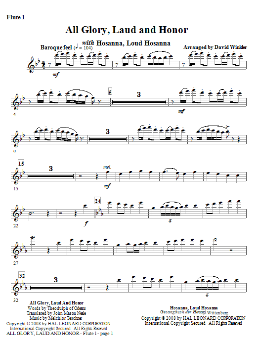 Learn to play David Winkler All Glory, Laud, And Honor (with Hosanna, Loud Hosanna) - Flute 1 sheet music for Full Orchestra in minutes. Price: 5.9900$ David Winkler All Glory, Laud, And Honor (with Hosanna, Loud Hosanna) - Flute 1 sheet music notes and chords. Download Printable PDF.