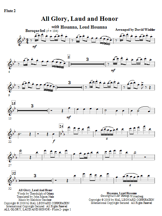 David Winkler All Glory, Laud, And Honor (with Hosanna, Loud Hosanna) - Flute 2 sheet music notes and chords. Download Printable PDF.