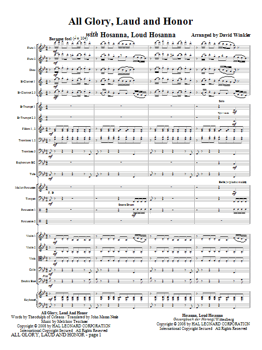 David Winkler All Glory, Laud, And Honor (with Hosanna, Loud Hosanna) - Full Score sheet music notes and chords. Download Printable PDF.