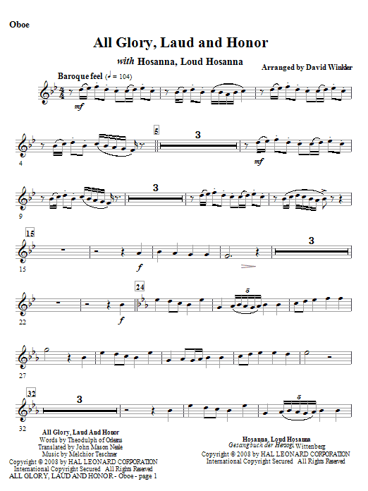 Learn to play David Winkler All Glory, Laud, And Honor (with Hosanna, Loud Hosanna) - Oboe sheet music for Full Orchestra in minutes. Price: 5.9900$ David Winkler All Glory, Laud, And Honor (with Hosanna, Loud Hosanna) - Oboe sheet music notes and chords. Download Printable PDF.