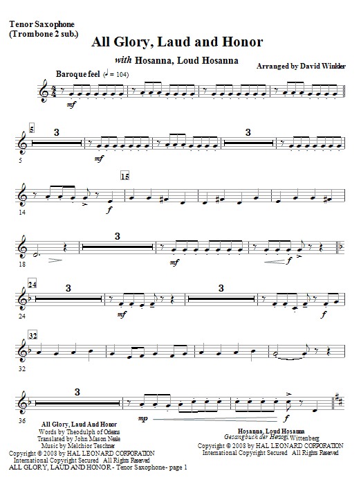 David Winkler All Glory, Laud, And Honor (with Hosanna, Loud Hosanna) - Tenor Sax sheet music notes and chords. Download Printable PDF.