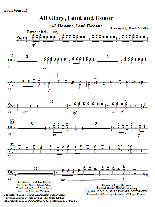 Learn to play David Winkler All Glory, Laud, And Honor (with Hosanna, Loud Hosanna) - Trombone 1, 2 sheet music for Full Orchestra in minutes. David Winkler All Glory, Laud, And Honor (with Hosanna, Loud Hosanna) - Trombone 1, 2 sheet music notes and chords. Download Printable PDF.