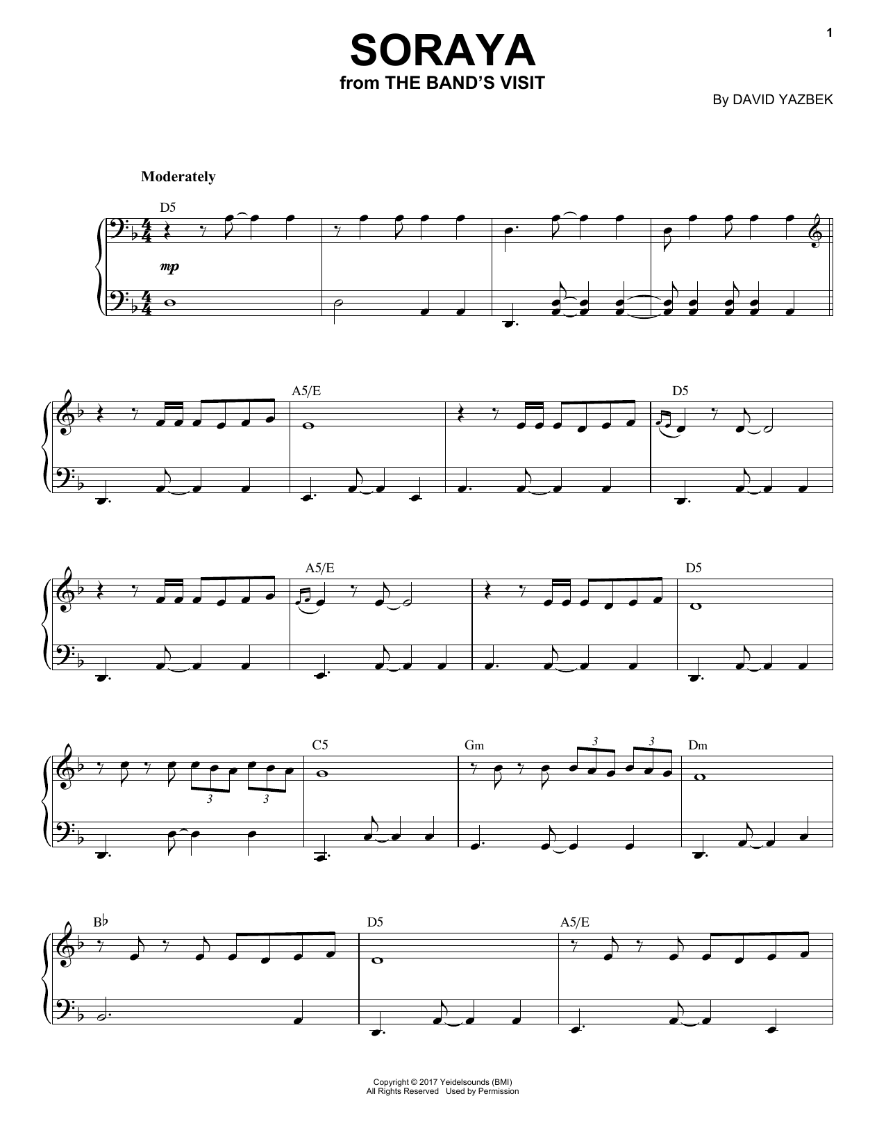 Learn to play David Yazbek Soraya (from The Band's Visit) sheet music for Piano Solo in minutes. David Yazbek Soraya (from The Band's Visit) sheet music notes and chords