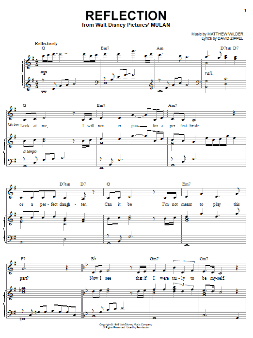 Learn to play David Zippel Reflection (from Mulan) sheet music for Piano Duet in minutes. David Zippel Reflection (from Mulan) sheet music notes and chords. Download Printable PDF.