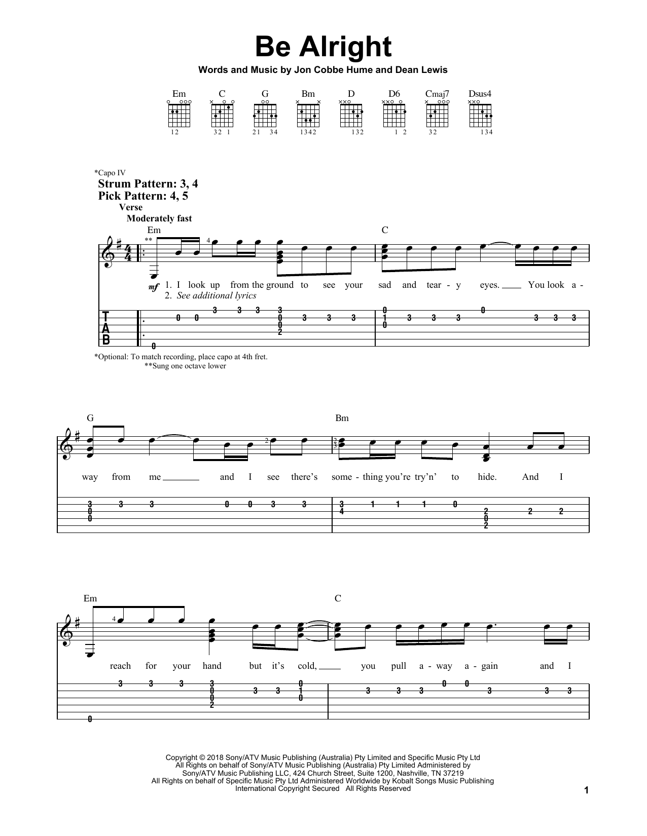 Dean Lewis Be Alright Sheet Music Pdf Notes Chords Pop Score Easy Guitar Tab Download Printable Sku 410057 - be alright dean lewis roblox id code