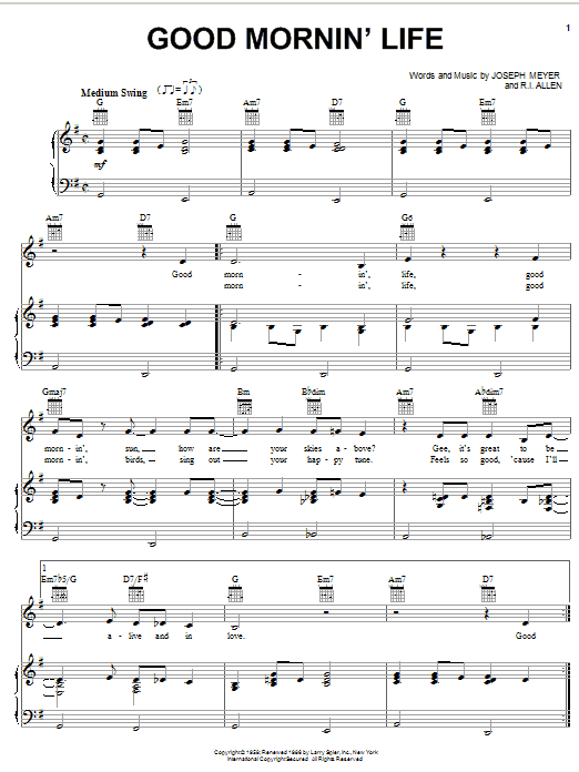 Learn to play Dean Martin Good Mornin' Life sheet music for Piano, Vocal & Guitar (Right-Hand Melody) in minutes. Dean Martin Good Mornin' Life sheet music notes and chords. Download Printable PDF.