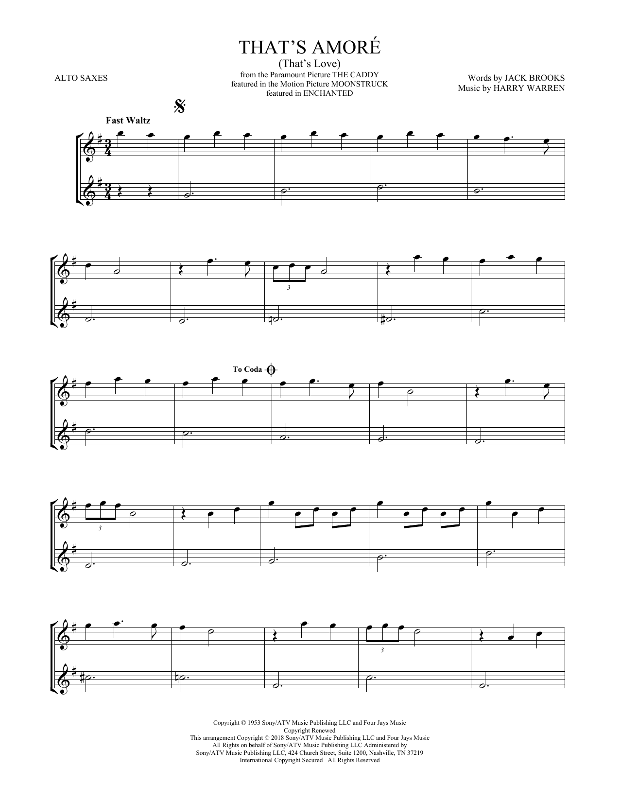 Learn to play Harry Warren That's Amore (That's Love) sheet music for Alto Sax Duet in minutes. Price: 6.9900$ Harry Warren That's Amore (That's Love) sheet music notes and chords arranged for Alto Sax Duet