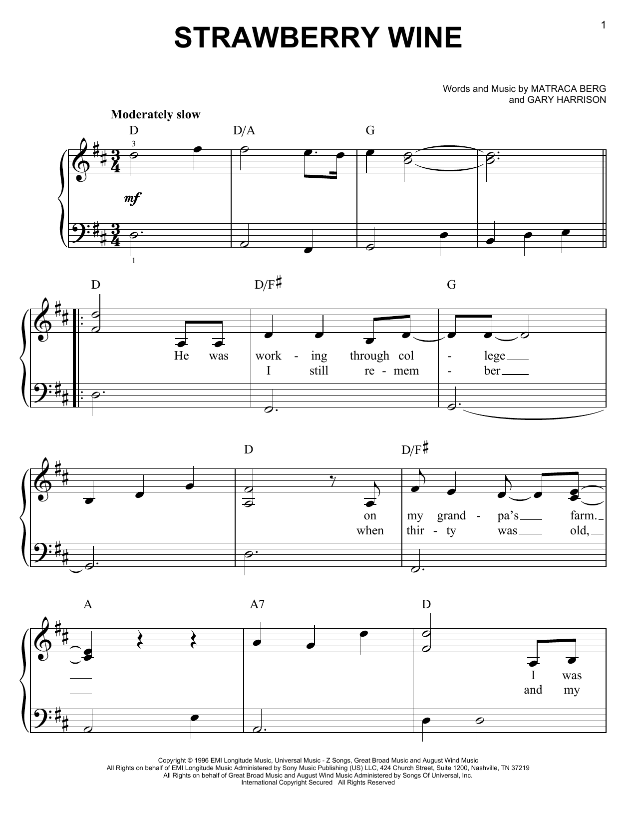 Deana Carter Strawberry Wine sheet music notes and chords. Download Printable PDF.