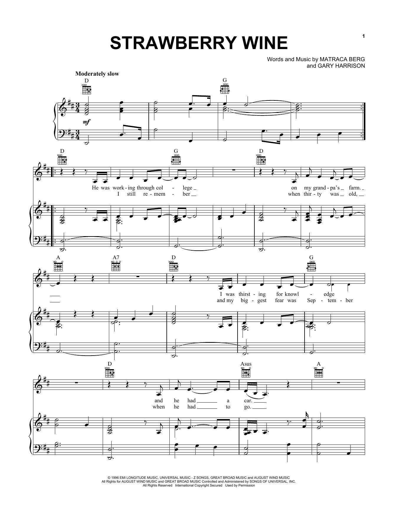Deana Carter Strawberry Wine sheet music notes and chords. Download Printable PDF.