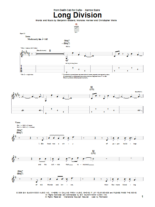 Learn to play Death Cab For Cutie Long Division sheet music for Guitar Tab in minutes. Price: 7.8900$ Death Cab For Cutie Long Division sheet music notes and chords arranged for Guitar Tab