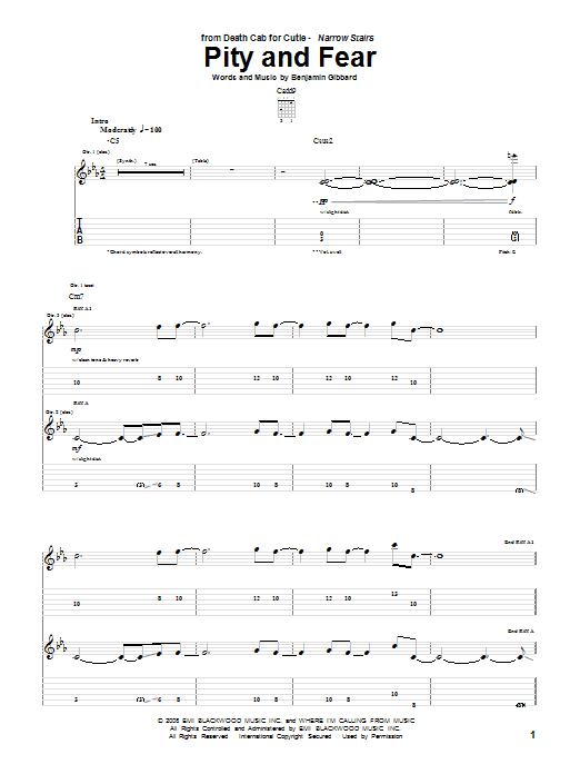 Learn to play Death Cab For Cutie Pity And Fear sheet music for Guitar Tab in minutes. Price: 7.8900$ Death Cab For Cutie Pity And Fear sheet music notes and chords arranged for Guitar Tab