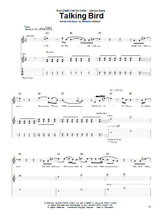 Death Cab For Cutie Talking Bird Sheet Music Pdf Notes Chords Rock Score Guitar Tab Download Printable Sku 68181