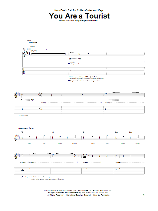 Learn to play Death Cab For Cutie You Are A Tourist sheet music for Guitar Tab in minutes. Price: 7.8900$ Death Cab For Cutie You Are A Tourist sheet music notes and chords arranged for Guitar Tab