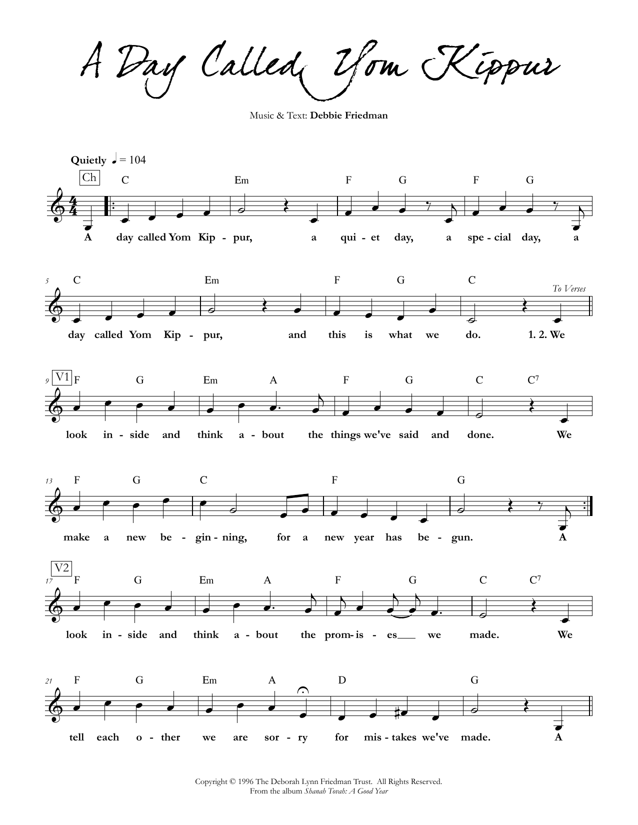 Debbie Friedman "A Day Called Yom Kippur" Sheet Music & Chords for Lead