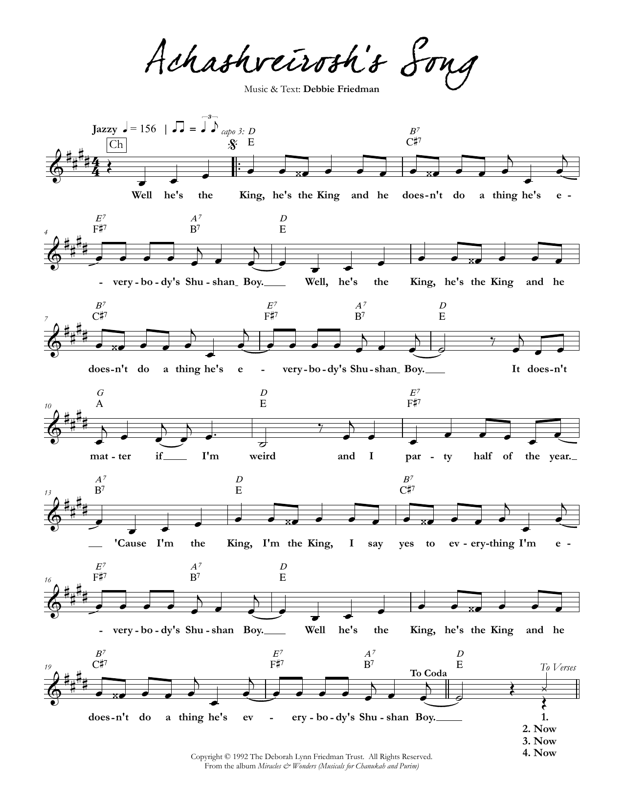 Debbie Friedman Achashveirosh's Song sheet music notes and chords. Download Printable PDF.