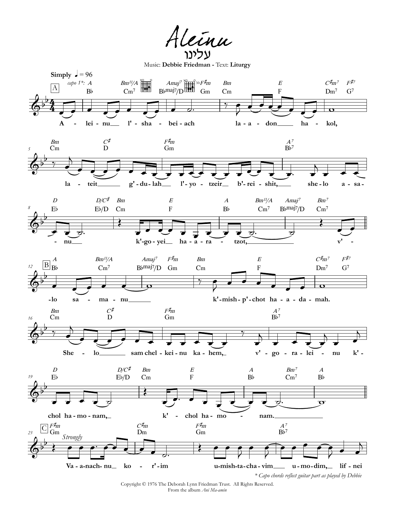 Debbie Friedman Aleinu sheet music notes and chords. Download Printable PDF.