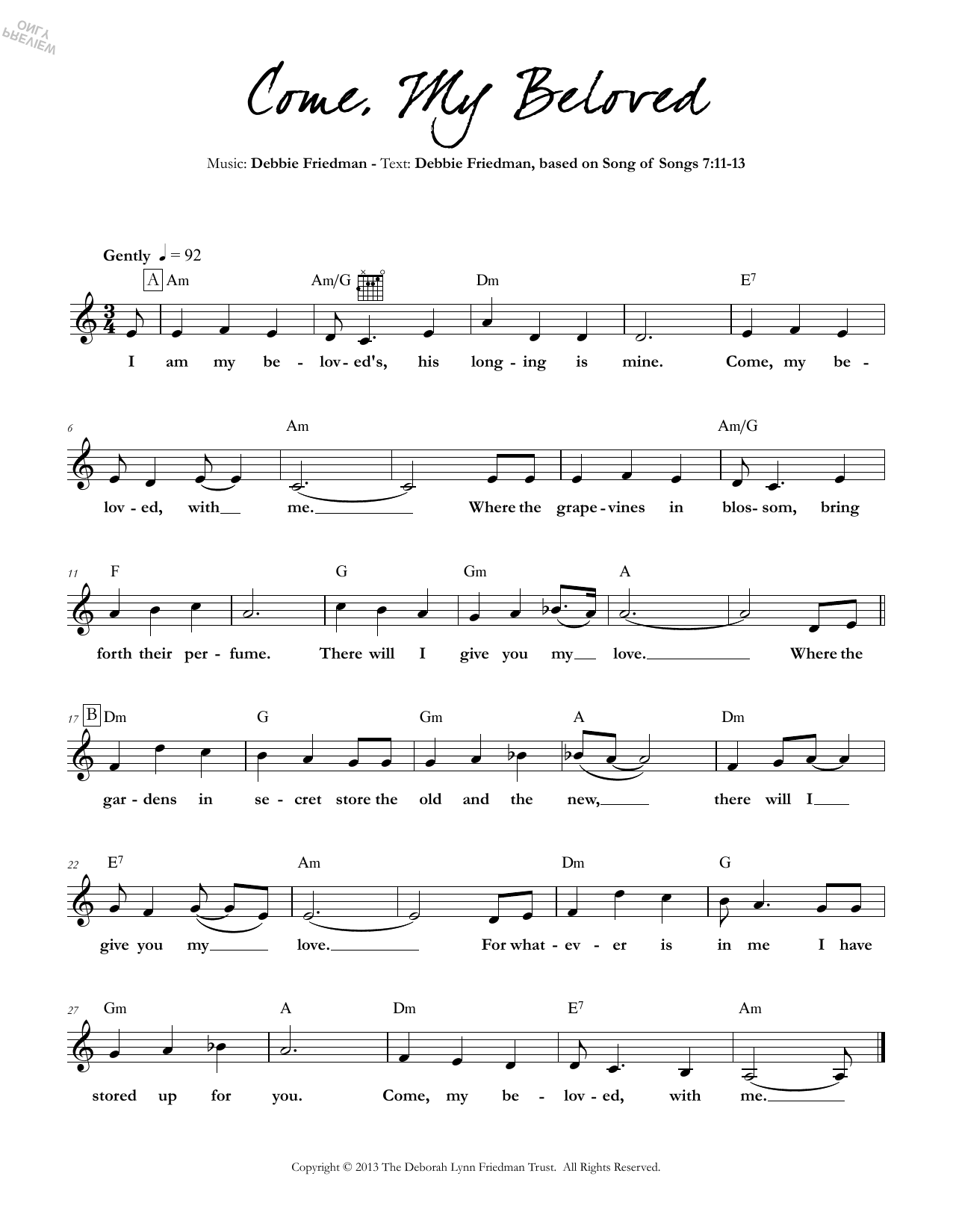 Debbie Friedman Come, My Beloved sheet music notes and chords. Download Printable PDF.