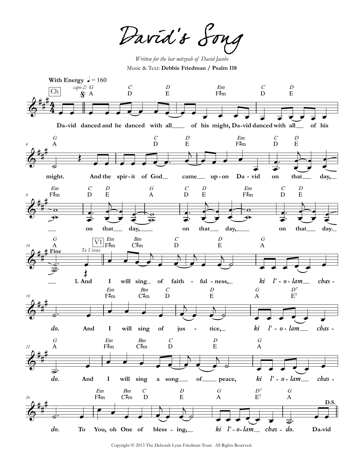 Debbie Friedman David's Song sheet music notes and chords. Download Printable PDF.