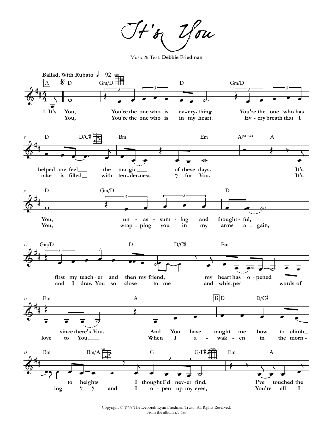 Debbie Friedman It's You sheet music notes and chords. Download Printable PDF.