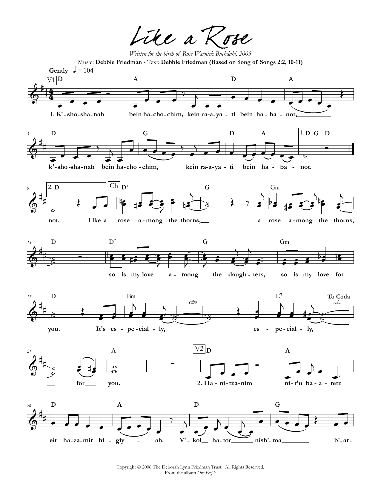 Debbie Friedman Like a Rose sheet music notes and chords. Download Printable PDF.