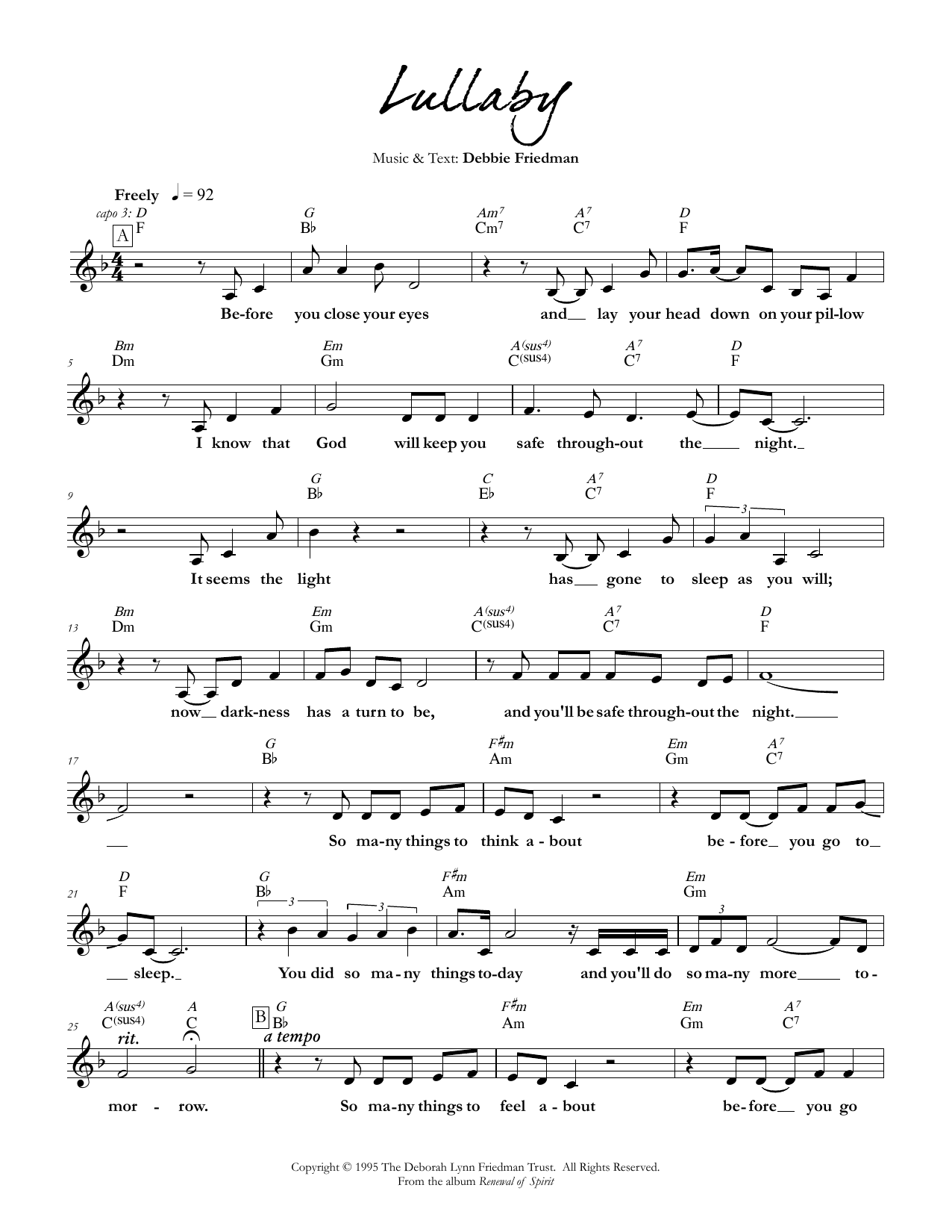 Debbie Friedman Lullaby sheet music notes and chords. Download Printable PDF.