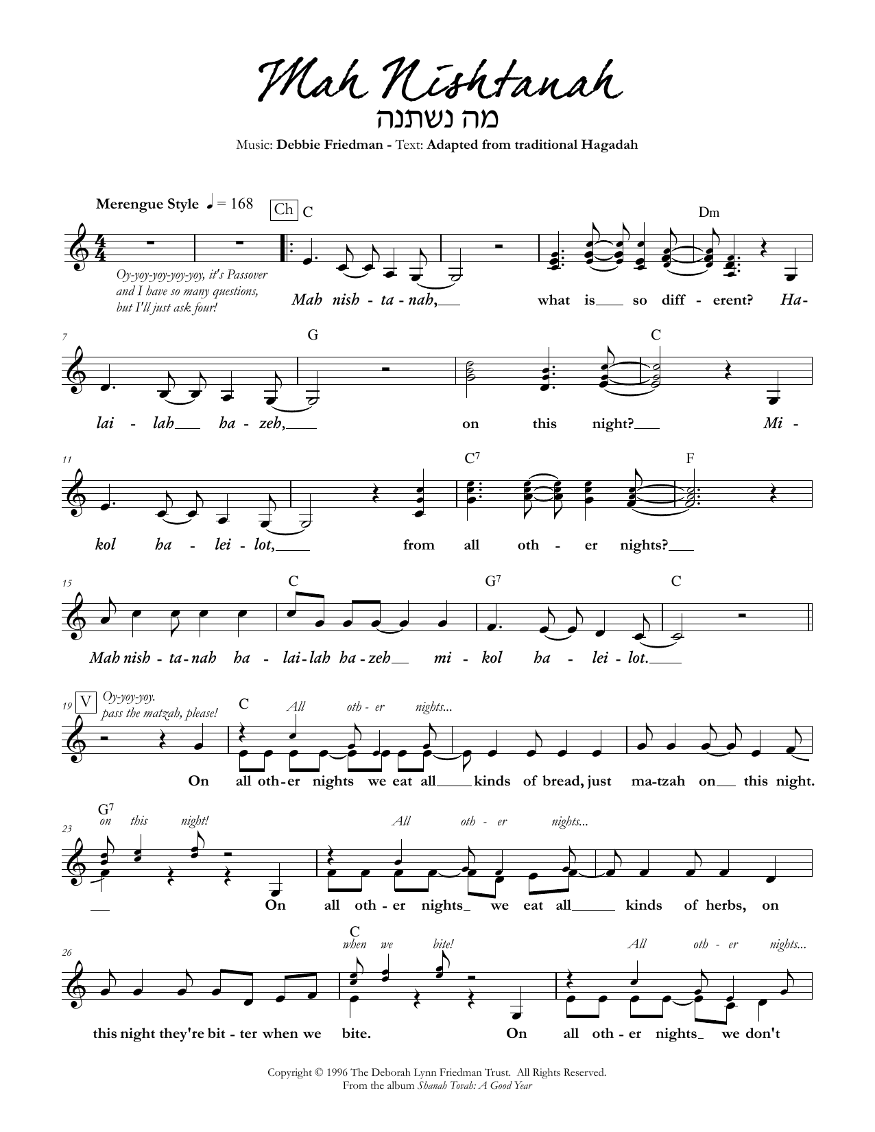 Debbie Friedman Mah Nishtanah sheet music notes and chords. Download Printable PDF.