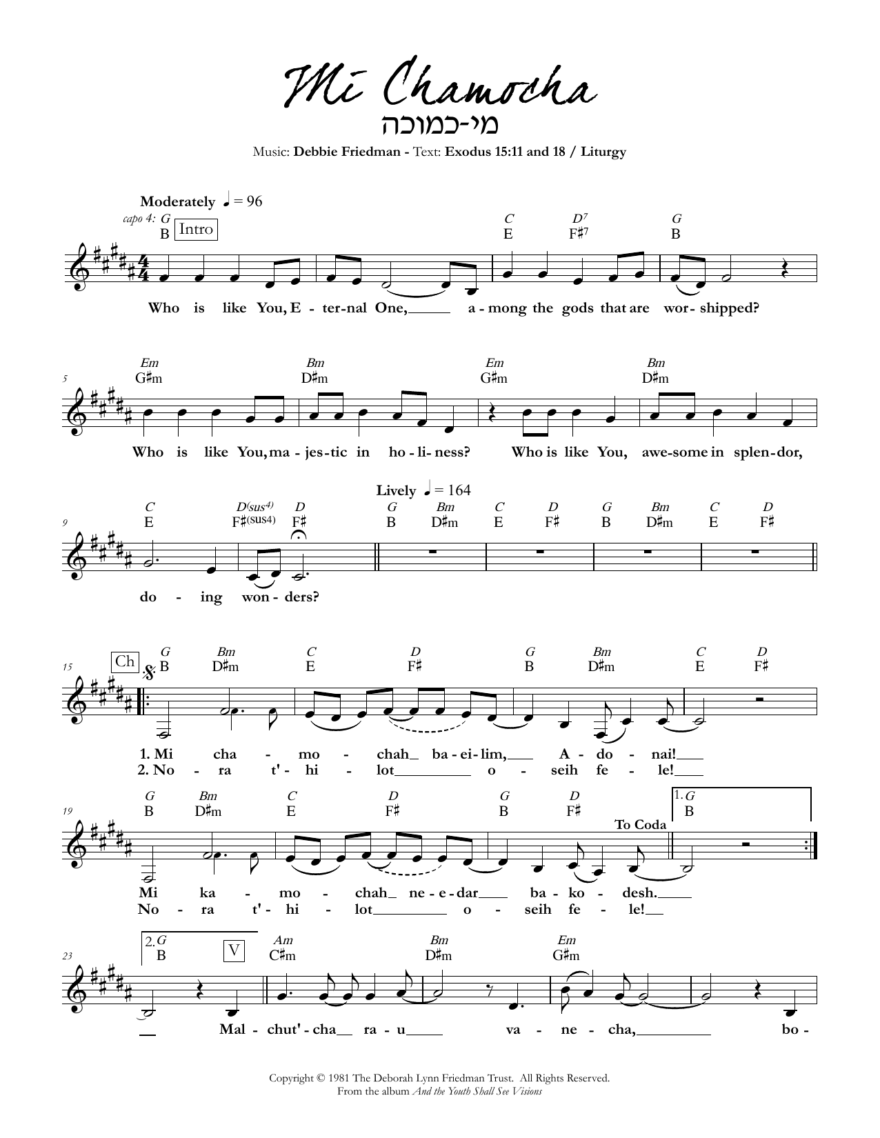 Debbie Friedman Mi Chamocha sheet music notes and chords. Download Printable PDF.