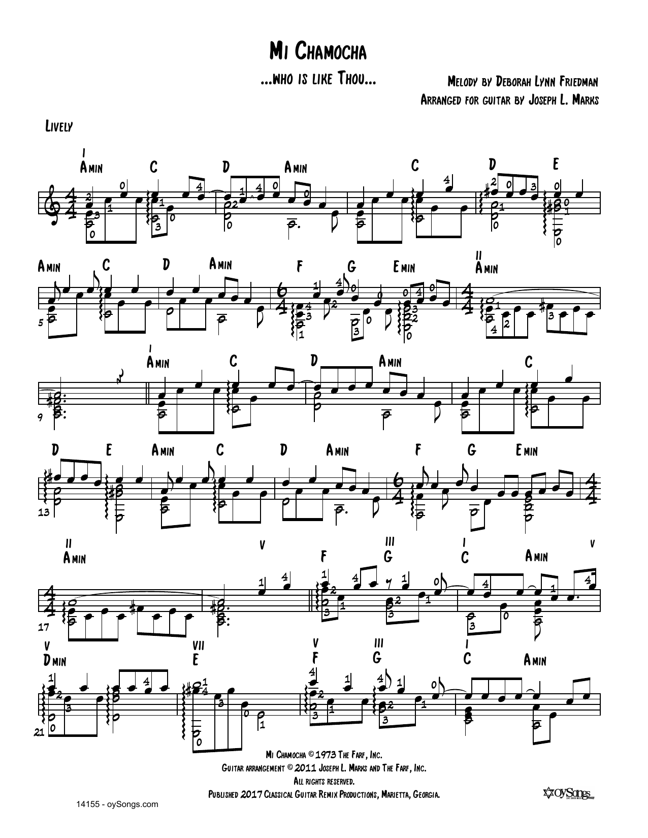 Learn to play Debbie Friedman Mi Chamocha (arr. Joe Marks) sheet music for Solo Guitar in minutes. Price: 6.9900$ Debbie Friedman Mi Chamocha (arr. Joe Marks) sheet music notes and chords arranged for Solo Guitar