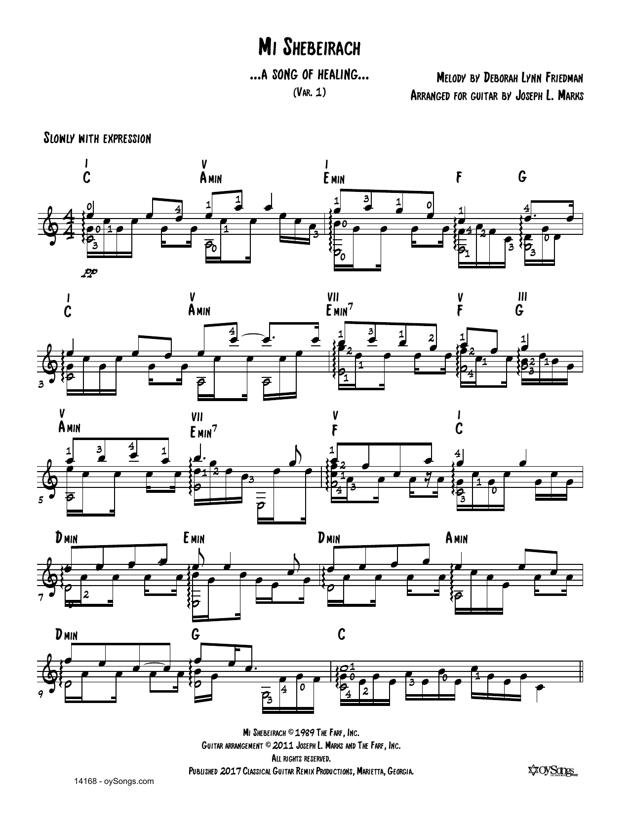 Learn to play Debbie Friedman Mi Shebeirach Var 1 (arr. Joe Marks) sheet music for Solo Guitar in minutes. Price: 6.9900$ Debbie Friedman Mi Shebeirach Var 1 (arr. Joe Marks) sheet music notes and chords arranged for Solo Guitar