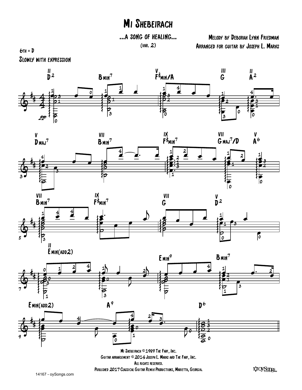 Learn to play Debbie Friedman Mi Shebeirach Var 2 (arr. Joe Marks) sheet music for Solo Guitar in minutes. Price: 6.9900$ Debbie Friedman Mi Shebeirach Var 2 (arr. Joe Marks) sheet music notes and chords arranged for Solo Guitar