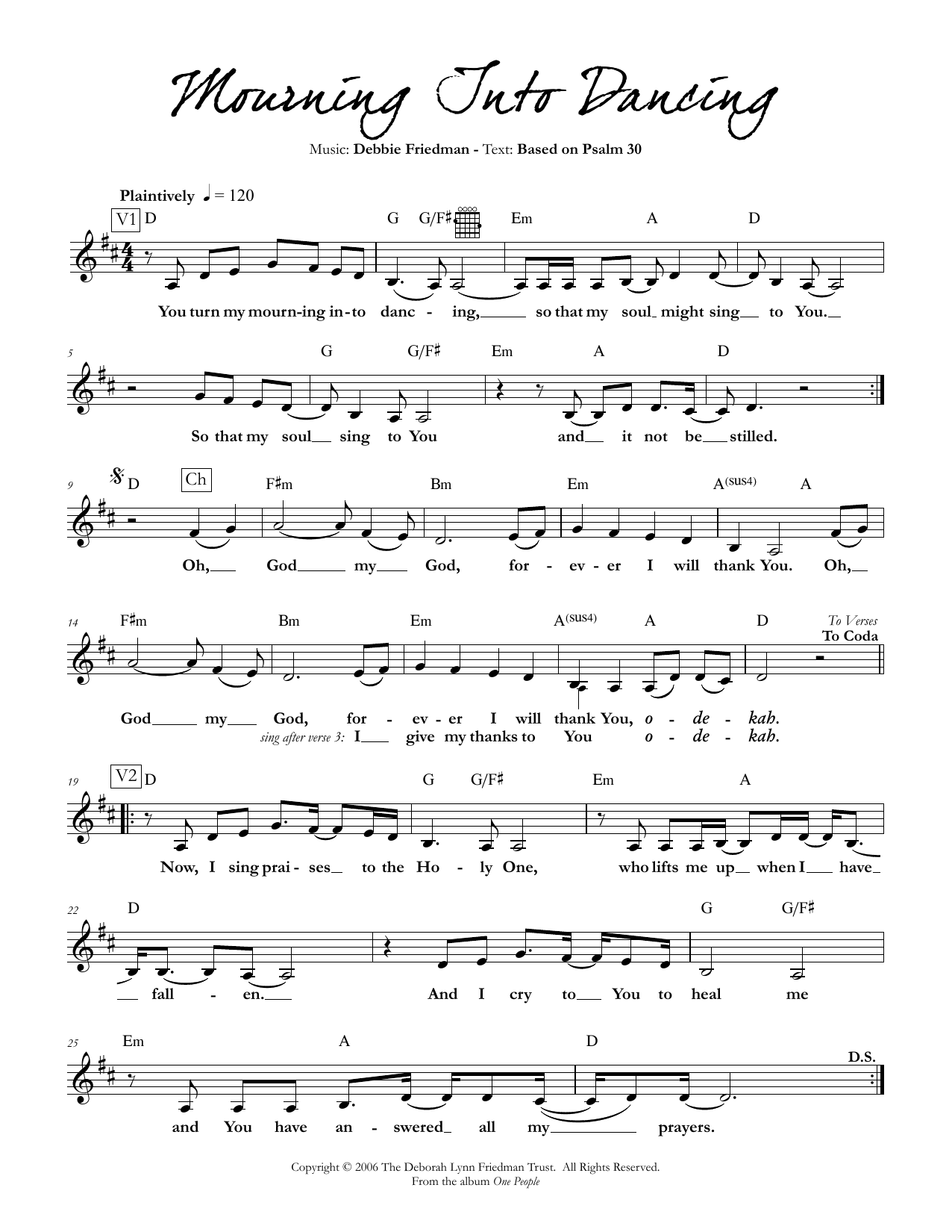 Debbie Friedman Mourning Into Dancing sheet music notes and chords. Download Printable PDF.