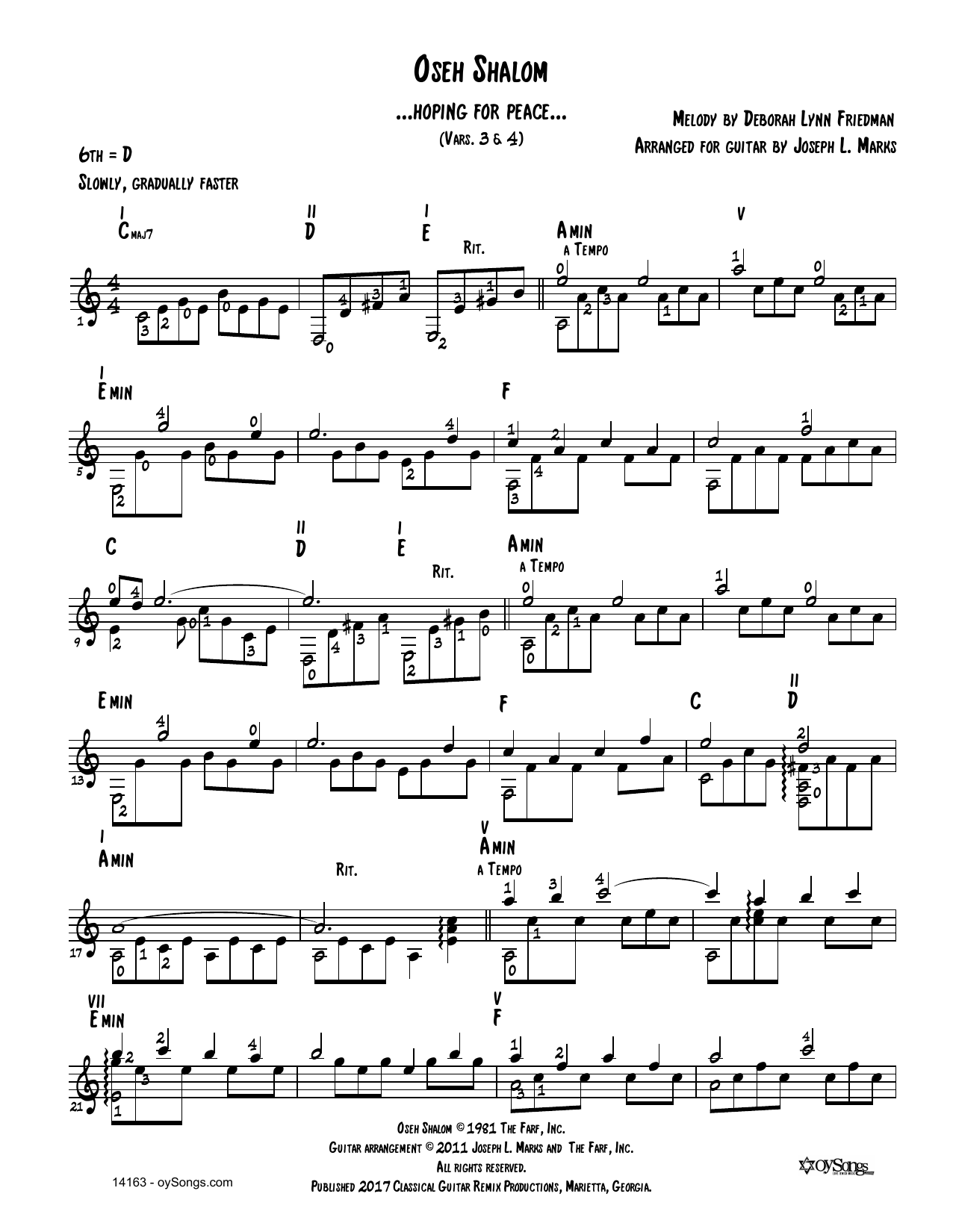 Learn to play Debbie Friedman Oseh Shalom Vars 3, 4 (arr. Joe Marks) sheet music for Solo Guitar in minutes. Price: 6.9900$ Debbie Friedman Oseh Shalom Vars 3, 4 (arr. Joe Marks) sheet music notes and chords arranged for Solo Guitar