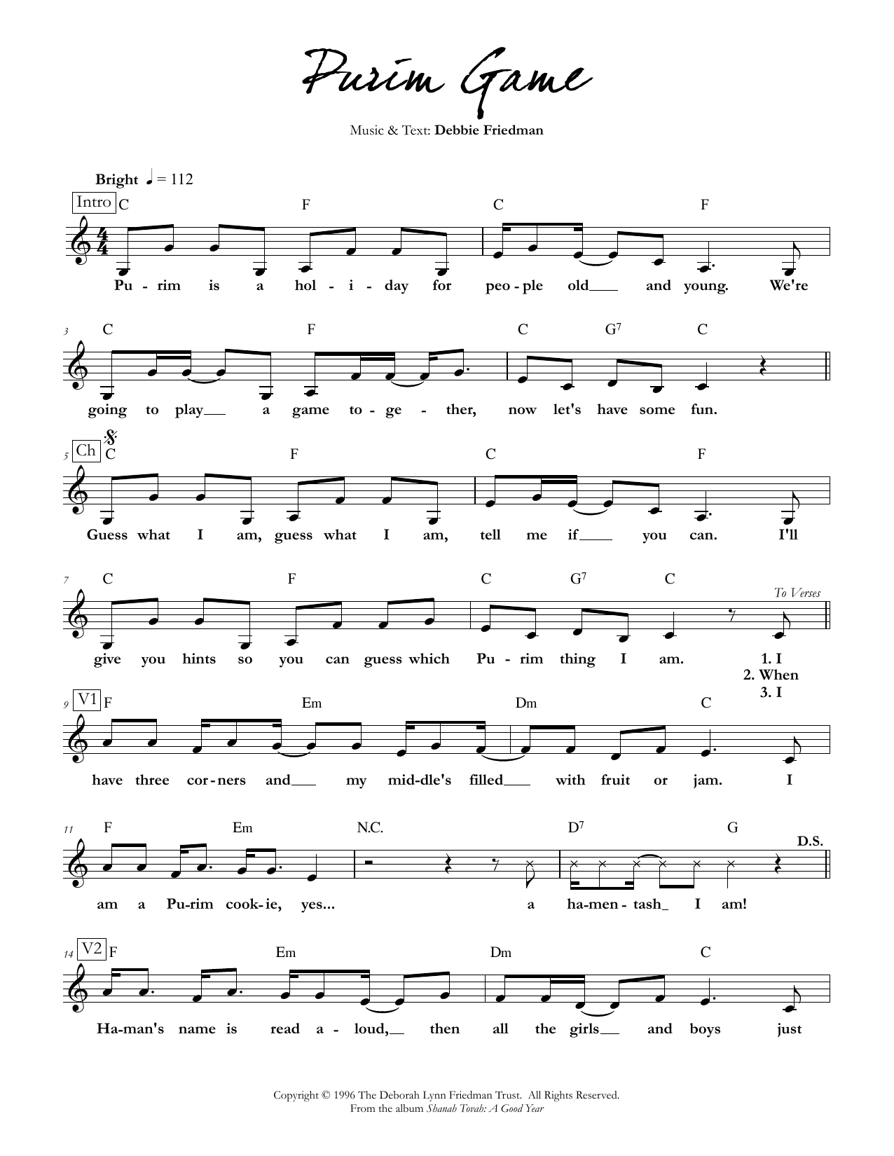 Debbie Friedman Purim Game sheet music notes and chords. Download Printable PDF.