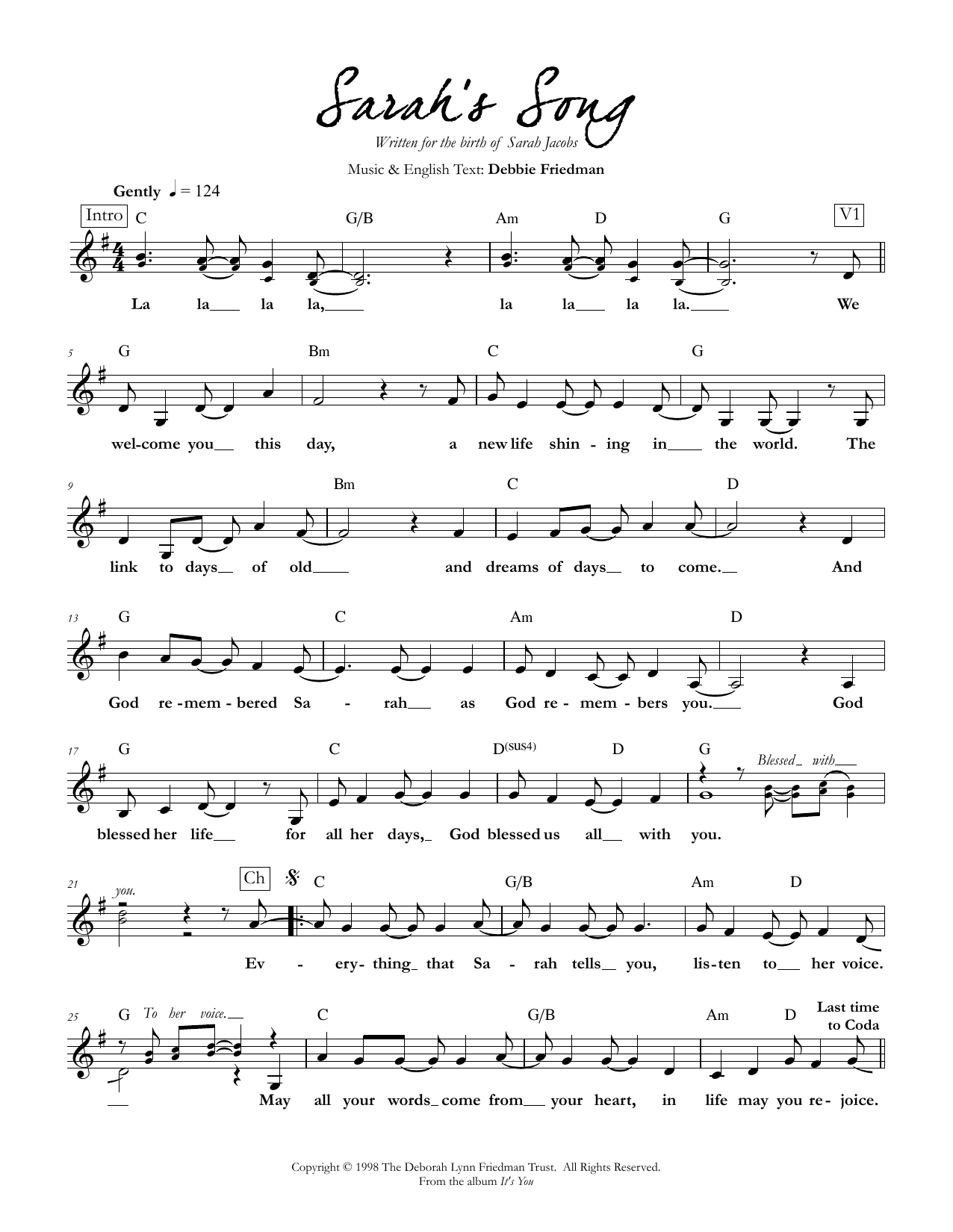 Debbie Friedman Sarah's Song sheet music notes and chords. Download Printable PDF.