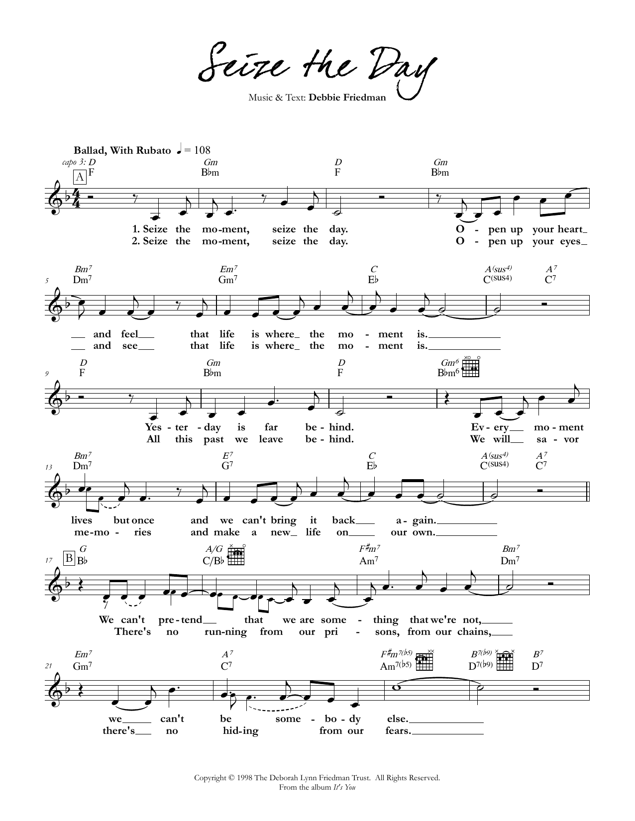 Debbie Friedman Seize the Day sheet music notes and chords. Download Printable PDF.