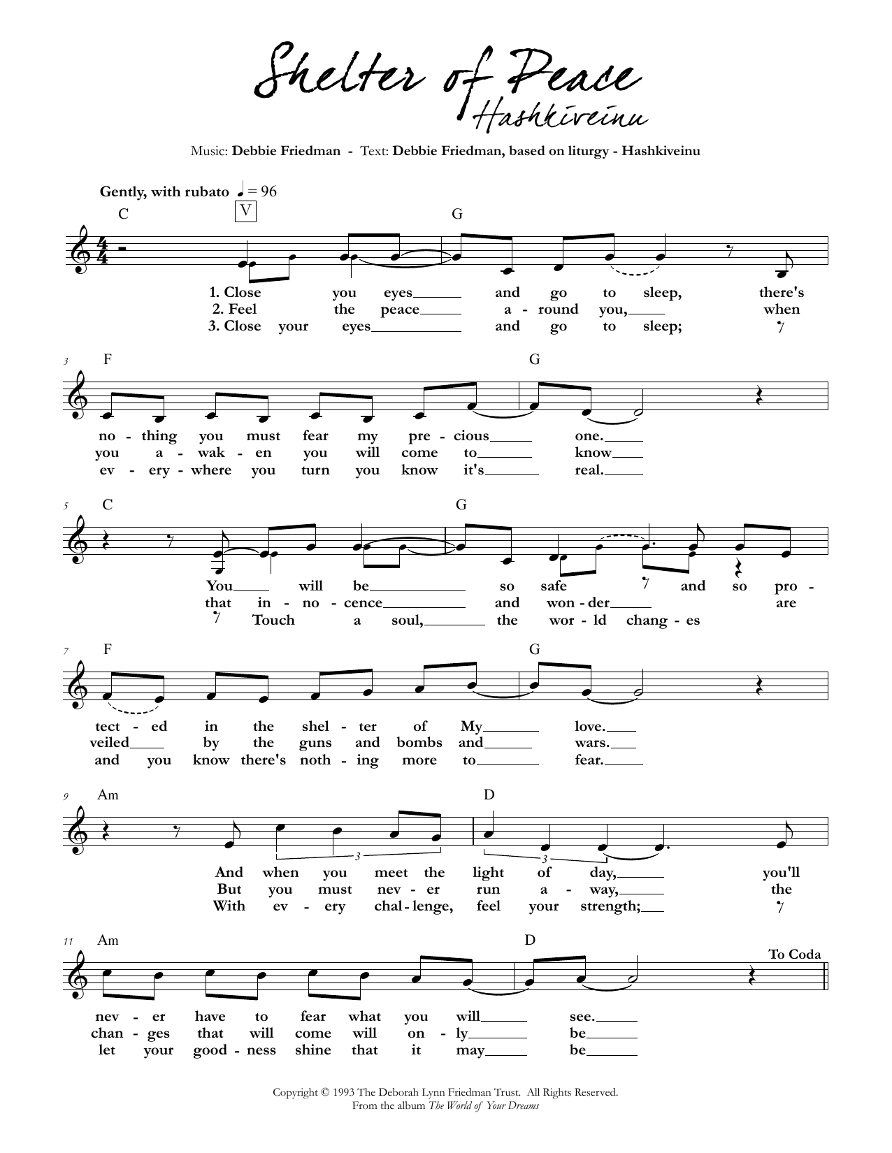 Debbie Friedman Shelter of Peace sheet music notes and chords. Download Printable PDF.