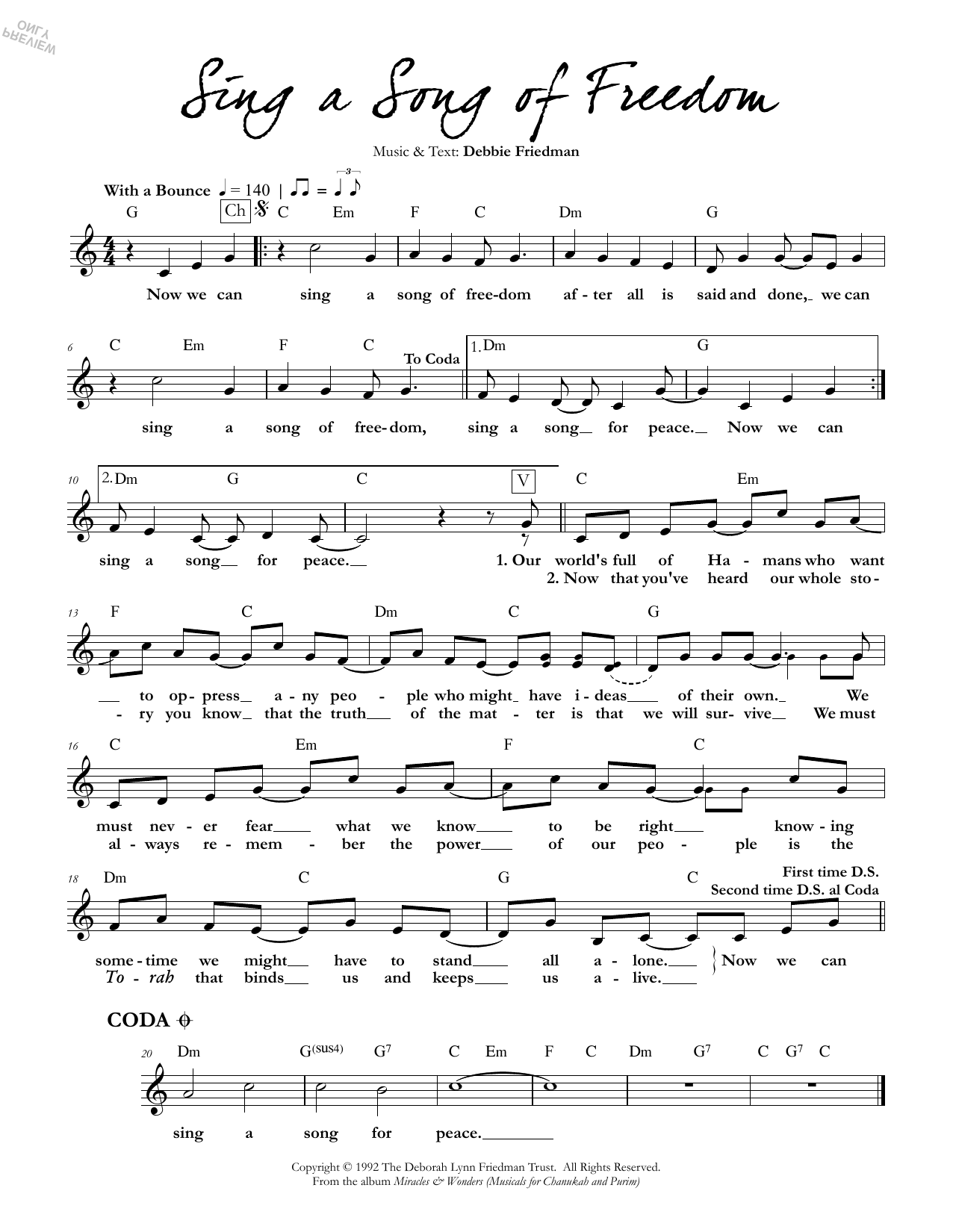 Learn to play Debbie Friedman Sing a Song of Freedom sheet music for Lead Sheet / Fake Book in minutes. Price: 5.9900$ Debbie Friedman Sing a Song of Freedom sheet music notes and chords arranged for Lead Sheet / Fake Book