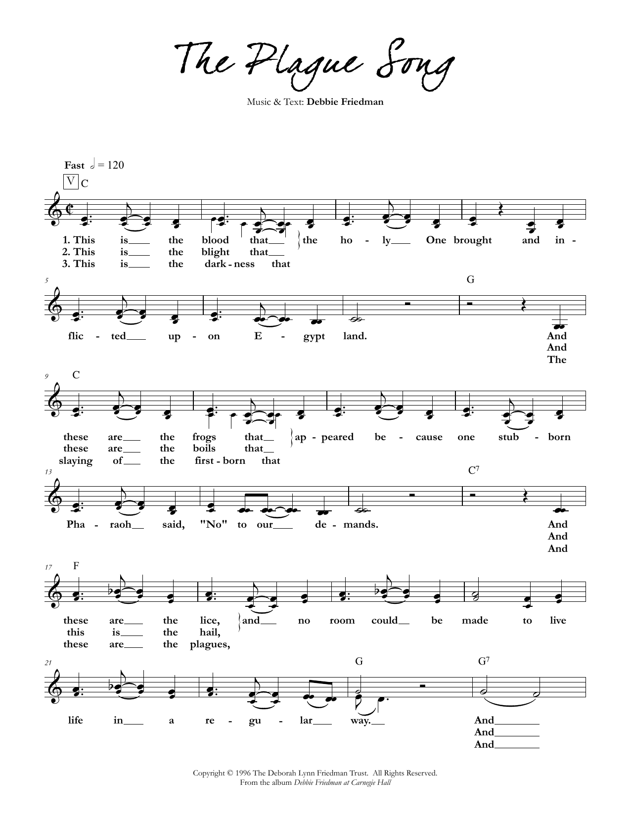 Debbie Friedman The Plague Song sheet music notes and chords. Download Printable PDF.