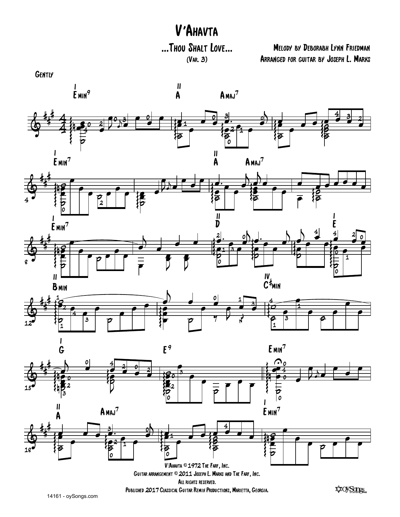 Learn to play Debbie Friedman V'ahavta Var 3 (arr. Joe Marks) sheet music for Solo Guitar in minutes. Price: 6.9900$ Debbie Friedman V'ahavta Var 3 (arr. Joe Marks) sheet music notes and chords arranged for Solo Guitar