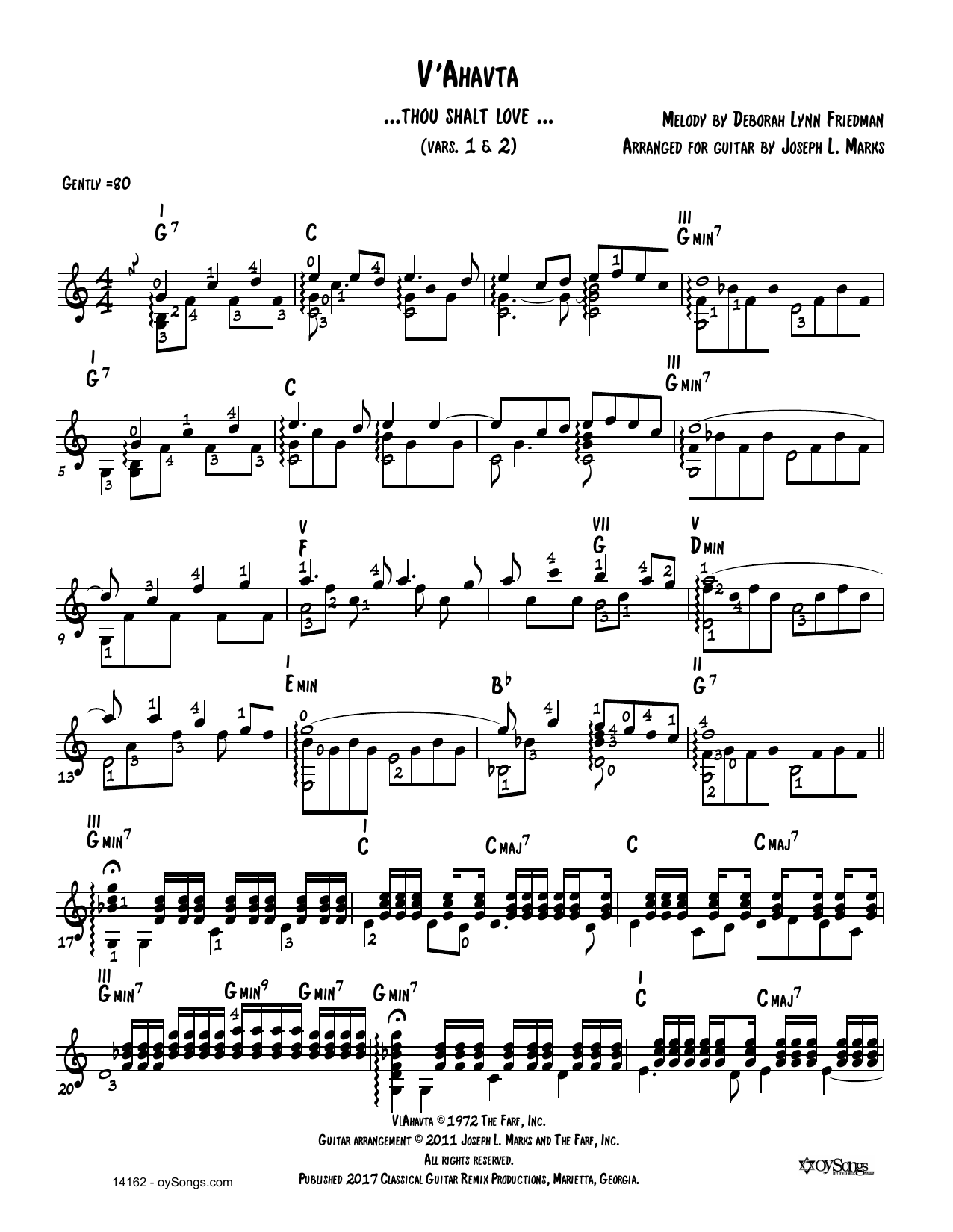 Learn to play Debbie Friedman V'ahavta Vars 1, 2 (arr. Joe Marks) sheet music for Solo Guitar in minutes. Price: 6.9900$ Debbie Friedman V'ahavta Vars 1, 2 (arr. Joe Marks) sheet music notes and chords arranged for Solo Guitar