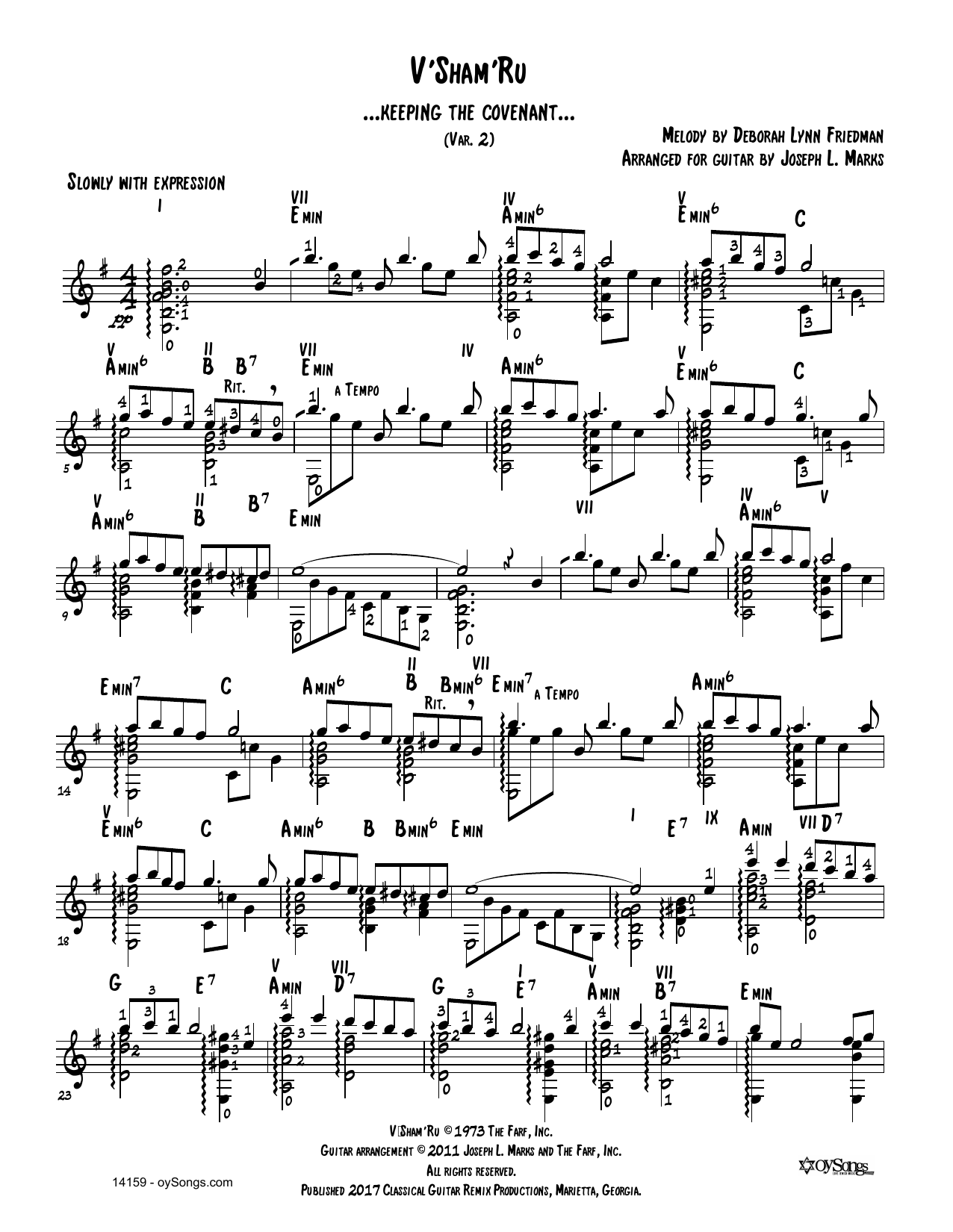 Learn to play Debbie Friedman V'shamru Var 2 (arr. Joe Marks) sheet music for Solo Guitar in minutes. Price: 6.9900$ Debbie Friedman V'shamru Var 2 (arr. Joe Marks) sheet music notes and chords arranged for Solo Guitar