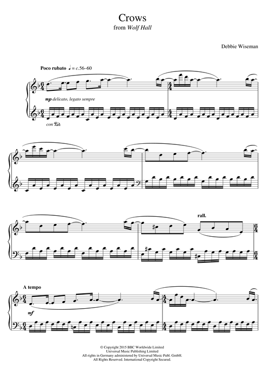 Learn to play Debbie Wiseman Crows (From 'Wolf Hall') sheet music for Piano Solo in minutes. Debbie Wiseman Crows (From 'Wolf Hall') sheet music notes and chords
