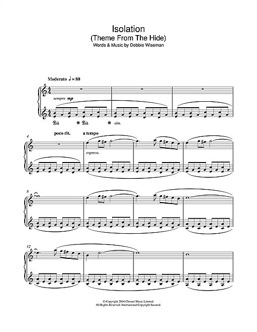 Learn to play Debbie Wiseman Isolation (Theme From The Hide) sheet music for Piano Solo in minutes. Debbie Wiseman Isolation (Theme From The Hide) sheet music notes and chords. Download Printable PDF.