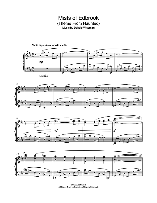 Learn to play Debbie Wiseman Mists Of Edbrook (Theme From Haunted) sheet music for Piano Solo in minutes. Debbie Wiseman Mists Of Edbrook (Theme From Haunted) sheet music notes and chords. Download Printable PDF.