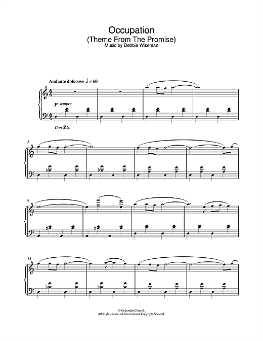 Learn to play Debbie Wiseman Occupation (Theme From The Promise) sheet music for Piano Solo in minutes. Debbie Wiseman Occupation (Theme From The Promise) sheet music notes and chords. Download Printable PDF.