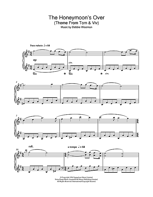 Learn to play Debbie Wiseman The Honeymoon's Over (Theme From Tom & Viv) sheet music for Piano Solo in minutes. Debbie Wiseman The Honeymoon's Over (Theme From Tom & Viv) sheet music notes and chords