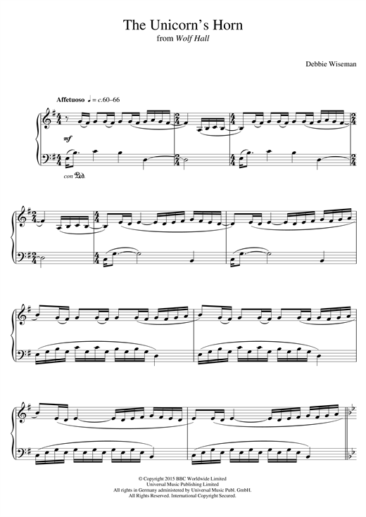 Learn to play Debbie Wiseman The Unicorn's Horn (From 'Wolf Hall') sheet music for Piano Solo in minutes. Debbie Wiseman The Unicorn's Horn (From 'Wolf Hall') sheet music notes and chords