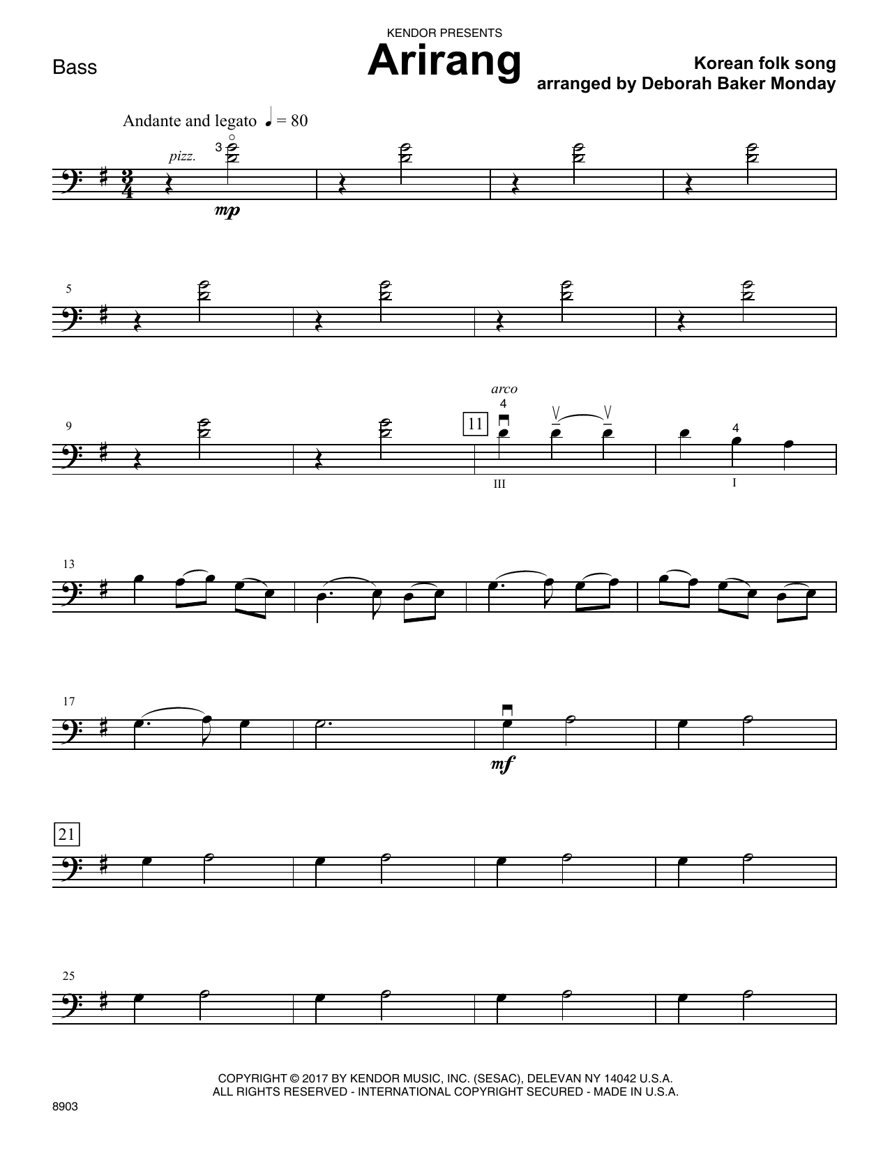 Deborah Baker Monday Arirang Bass Sheet Music Pdf Notes Chords Folk Score Orchestra Download Printable Sku 376390
