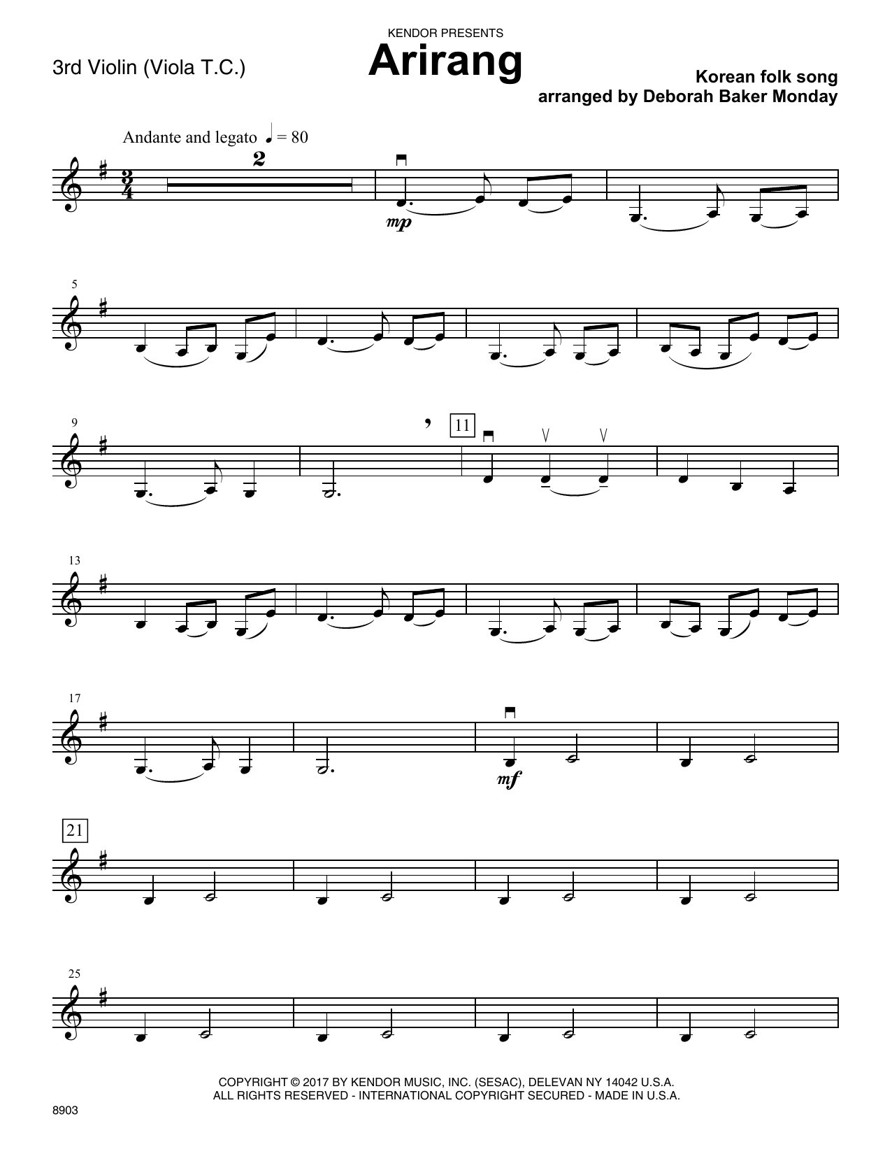 Learn to play Deborah Baker Monday Arirang - Violin 3 (Viola T.C.) sheet music for Orchestra in minutes. Deborah Baker Monday Arirang - Violin 3 (Viola T.C.) sheet music notes and chords. Download Printable PDF.